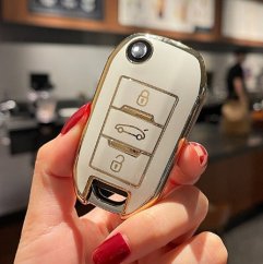 LUXURY key cover for PEUGEOT cars white glossy/Chrome