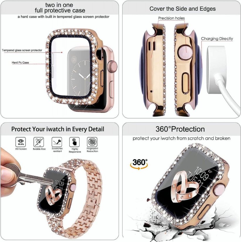 APPLE WATCH Band for Women Screen Protector Diamond Crystal Protective Case with Metal Band for iWatch Series 7/8 Rose Gold 41mm