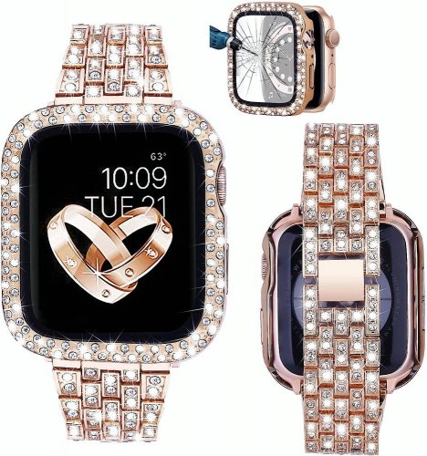 APPLE WATCH Band for Women Screen Protector Diamond Crystal Protective Case with Metal Band for iWatch Series ULTRA Rose Gold 49mm