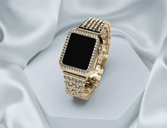 APPLE WATCH női képernyővédő fólia gyémánt kristály védőtok fém szíjjal az iWatch sorozathoz ULTRA Gold 49mm