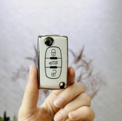 LUXURY key cover for PEUGEOT cars white glossy/Chrome