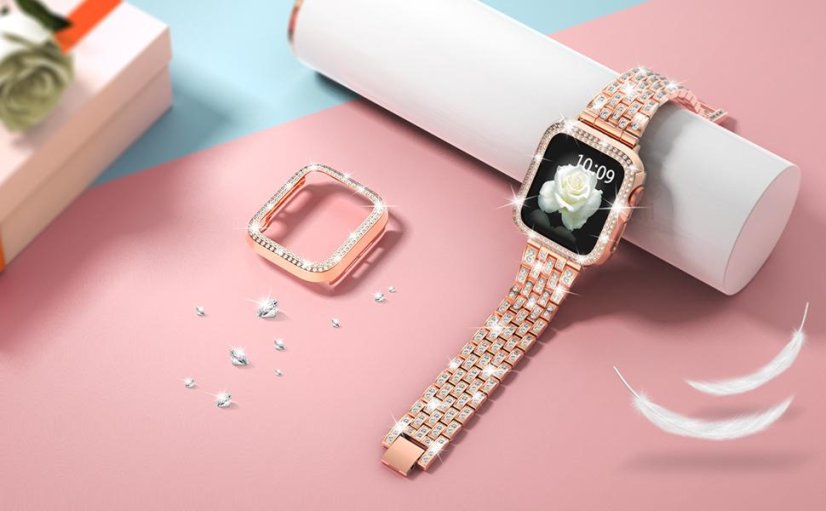 APPLE WATCH Band for Women Screen Protector Diamond Crystal Protective Case with Metal Band for iWatch Series 7/8 Gold 41mm