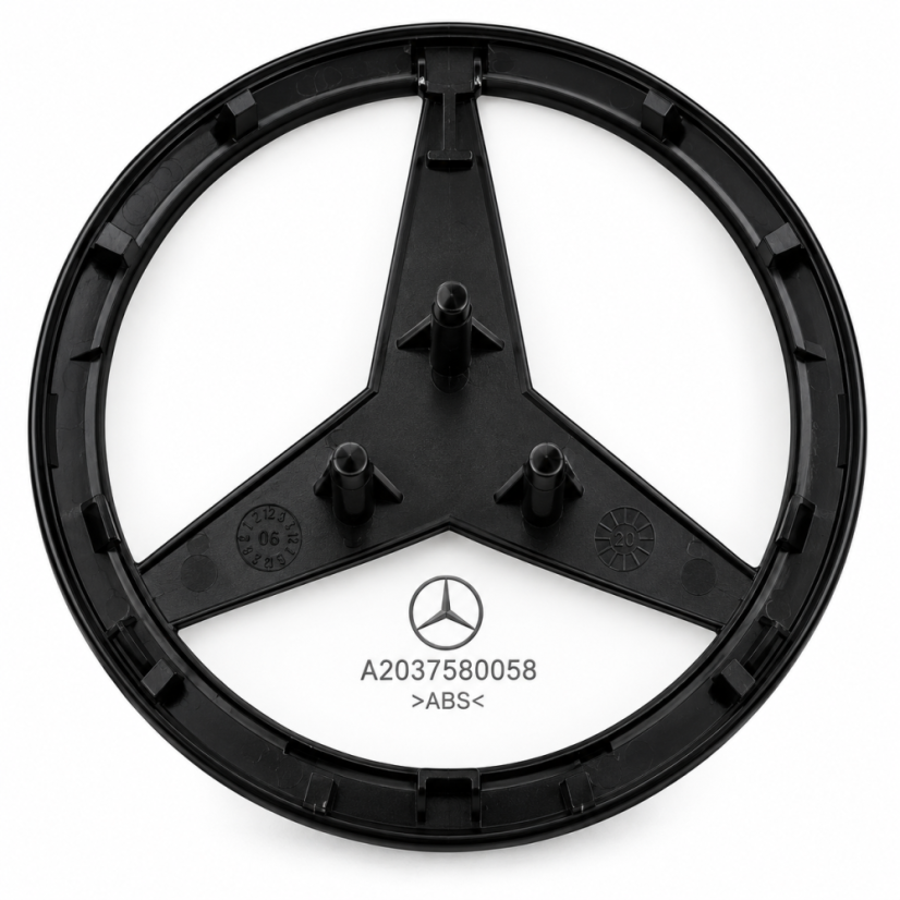 Mercedes-Benz rear emblem A2037580058 for the trunk lid, designed for Mercedes-Benz C-Class W203, C-Class Estate S203, and C-Class SportCoupé CL203 models (2000–2008).