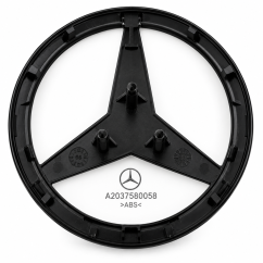 Mercedes-Benz rear emblem A2037580058 for the trunk lid, designed for Mercedes-Benz C-Class W203, C-Class Estate S203, and C-Class SportCoupé CL203 models (2000–2008).