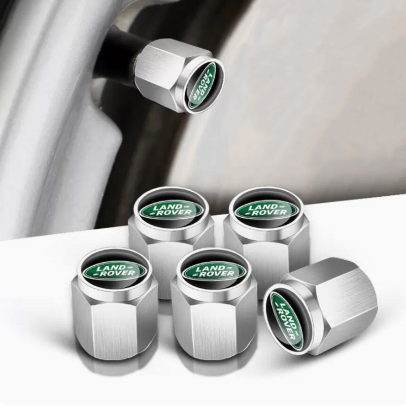 4 pcs LAND ROVER valve caps, valve covers silver/chrome green logo