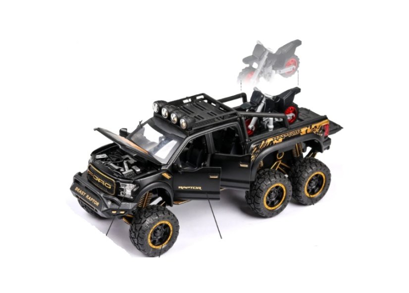 Ford Raptor F150 metalen model speelgoedbatterijverlichting klinkt 1:24 Zwart