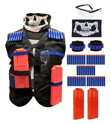 Nerf taktikaline vest 50 noolega, 2x salve 12 noole jaoks, 1x prillid, 1x valge sall, 2x käerihm