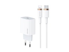 USAMS T34 US-CC118 Greitas ir stabilus 20 W kintamosios srovės įkroviklis su USB-C PD3.0 prievadu greito įkrovimo kabeliui 120 cm baltas