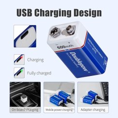 2 pcs DOUBLEPOW powerful rechargeable batteries USB 9V 600 mAh Li-ion, 1500x charge