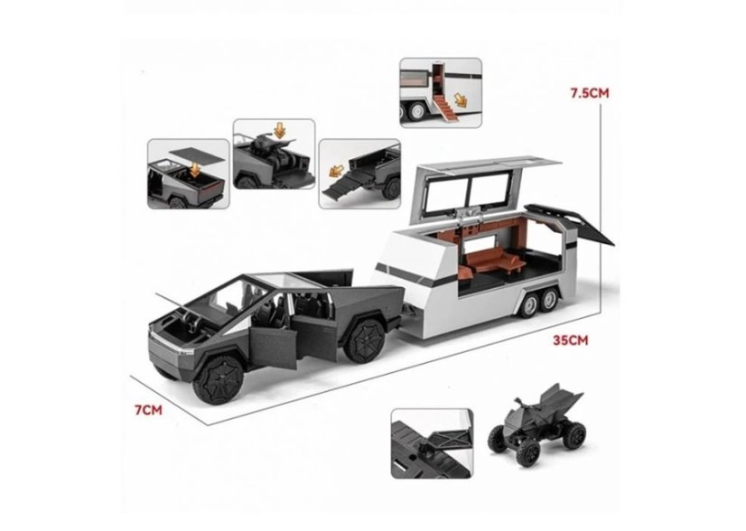 Tes Cybertruck metalen model speelgoed op batterijen met caravan en vierwieler licht geluid 1:32 zilver
