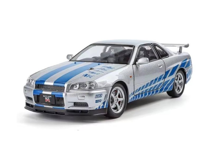 Nissan GTR R34 Skyline speelgoed metalen model verlichting op batterijen geluid 1:24 Zilver