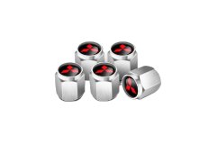 4 pcs MITSUBISHI valve caps, valve covers silver/chrome logo red