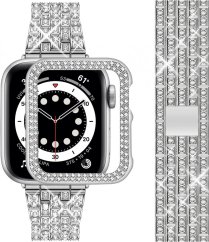 APPLE WATCH Band for Women Screen Protector Diamond Crystal Protective Case with Metal Band for iWatch Series 7/8 Silver 45mm