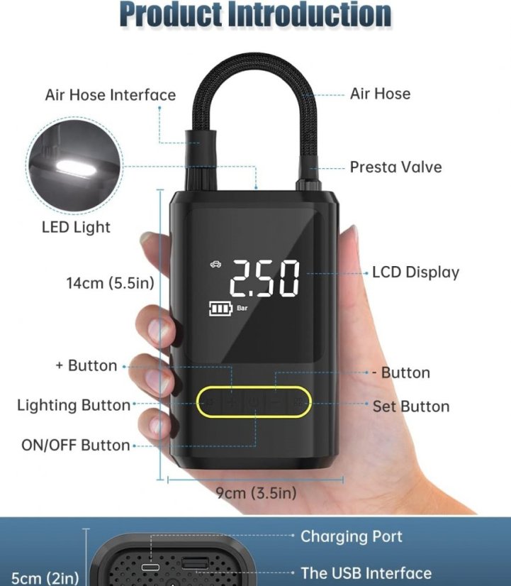 Wireless cordless air compressor 4000mAh with 150PSI digital pressure gauge