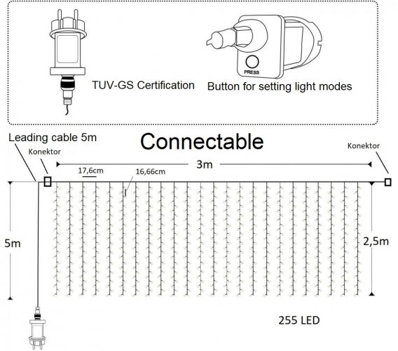 LUMA LED Romantic Perdea luminoasă 3x2,3m 255 LED alb rece conectare