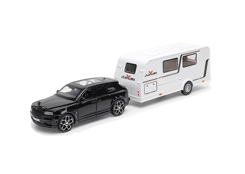 Rolls Royce Cullinan metalen model batterij speelgoed met caravan licht geluid 1:32 Zwart