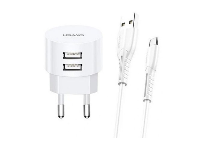 USAMS US-T20 2-i-1-sats Kompakt, rund reseladdare 2.1A + USB Type-C-kabel 100 cm Vit