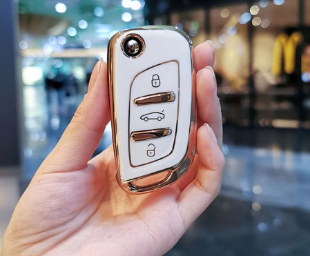 LUXURY key cover for PEUGEOT cars white glossy/Chrome