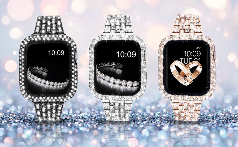 APPLE WATCH Band for Women Screen Protector Diamond Crystal Protective Case with Metal Band for iWatch Series 4/5/6/6 SE Pink 44mm