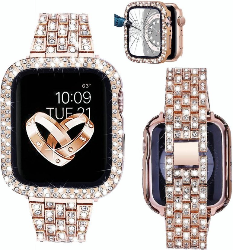 APPLE WATCH Band for Women Screen Protector Diamond Crystal Protective Case with Metal Band for iWatch Series 7/8 Rose Gold 41mm