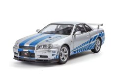 Nissan GTR R34 Skyline speelgoed metalen model verlichting op batterijen geluid 1:24 Zilver