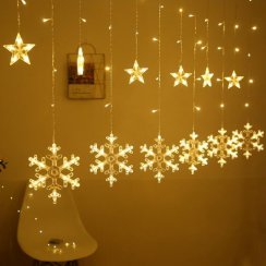 LUMA LED 138 LED fénylánc, zsanér hópelyhek és kis csillagok 2,5m - kábel 1,5m, meleg fehér