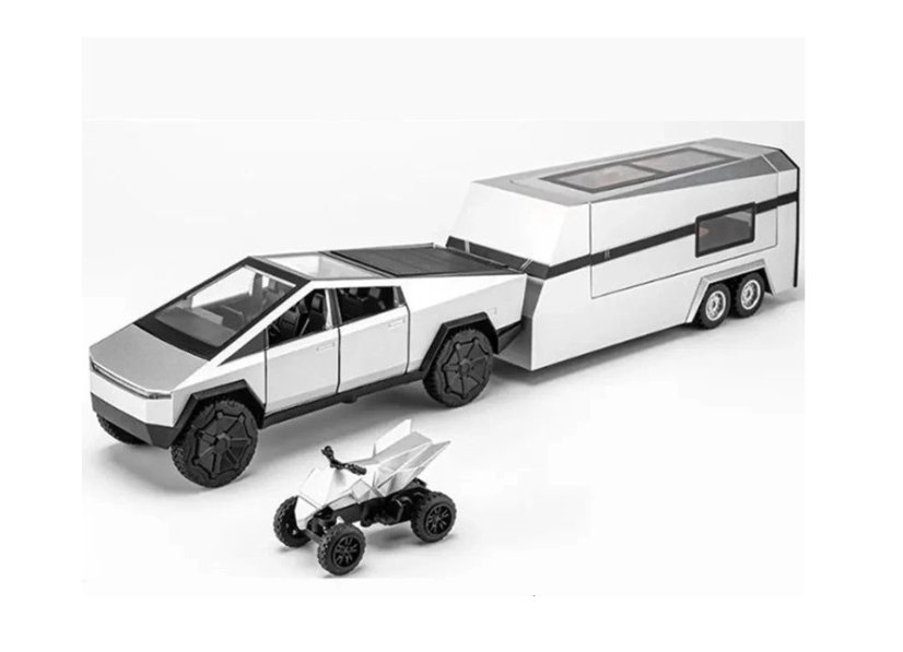 Tes Cybertruck metalen model speelgoed op batterijen met caravan en vierwieler licht geluid 1:32 zilver