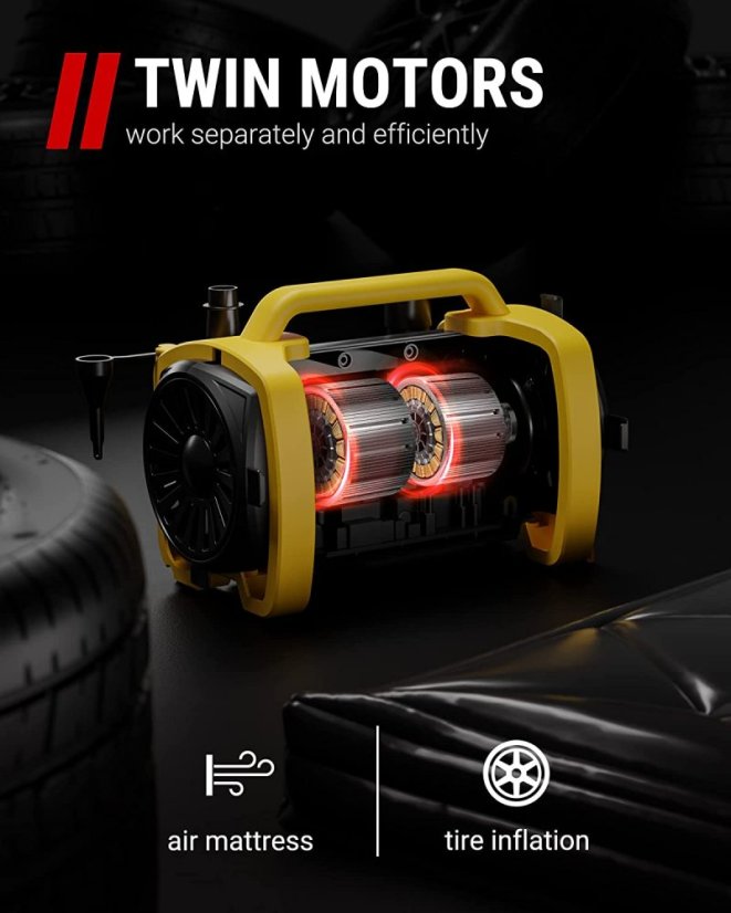 Tire Inflator Portable Air Compressor - 12V DC/120V AC, Mattress Beds, Boats with Inflation and Deflation Modes, Dual Powerful Motors