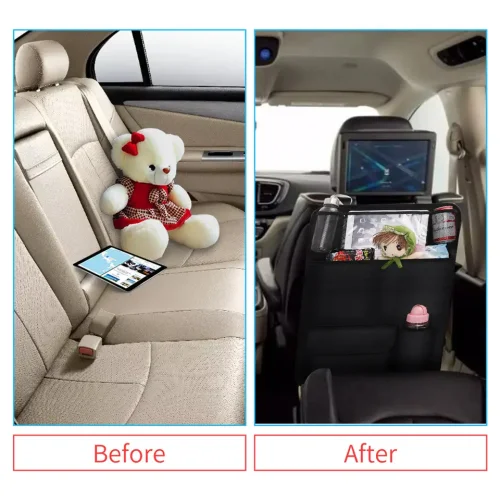 Car backseat organizer with tablet and mobile phone holder - black