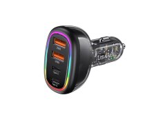 USAMS US-CC169 C34 PD30W+QC3.0 120W 4 prievadų skaidrus automobilinis greitas įkroviklis su spalvingomis lemputėmis