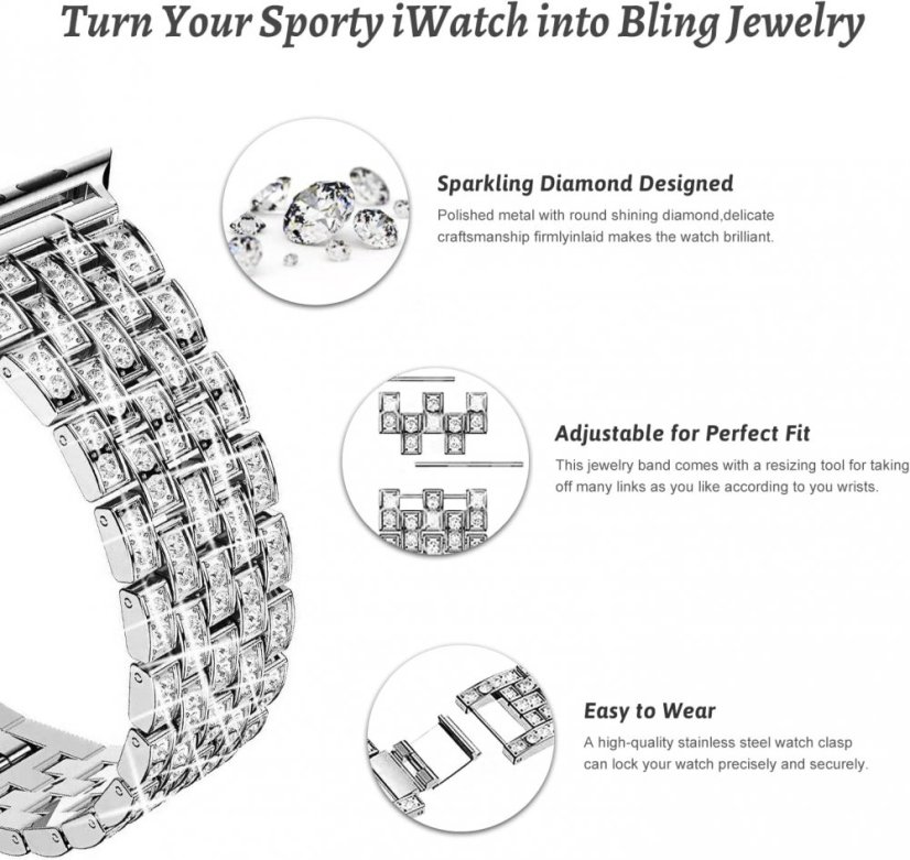 APPLE WATCH Band for Women Screen Protector Diamond Crystal Protective Case with Metal Band for iWatch Series 7/8 Silver 41mm