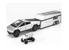 Cybertruck metalen model speelgoed op batterijen met caravan en vierwieler licht geluid 1:24 zilver