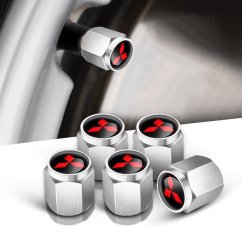 4 pcs MITSUBISHI valve caps, valve covers silver/chrome logo red