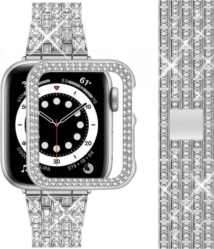 APPLE WATCH Band for Women Screen Protector Diamond Crystal Protective Case with Metal Band for iWatch Series 7/8 Silver 45mm
