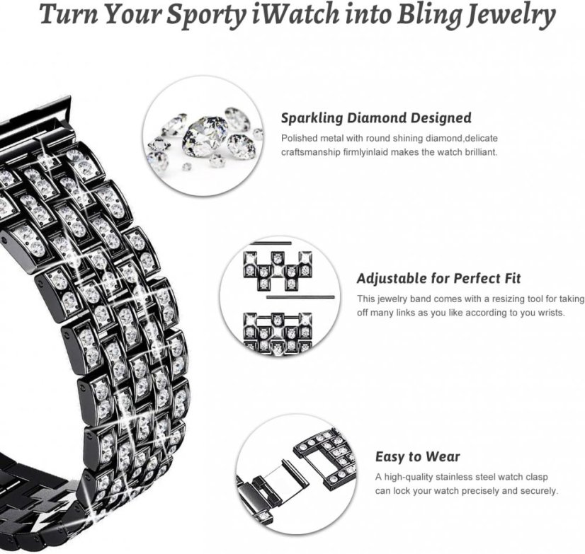 APPLE WATCH Band for Women Screen Protector Diamond Crystal Protective Case with Metal Band for iWatch Series 4/5/6/6 SE Black 40mm