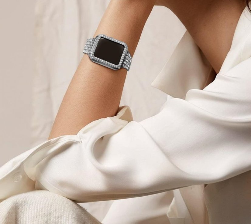 APPLE WATCH Band for Women Screen Protector Diamond Crystal Protective Case with Metal Band for iWatch Series 7/8 Silver 45mm