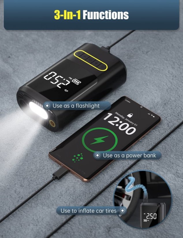 Wireless cordless air compressor 4000mAh with 150PSI digital pressure gauge