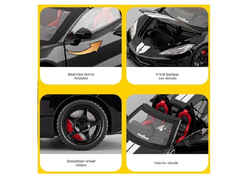 Chevrolet Corvette C8 metal model toy battery lights sound 1:22 Yellow