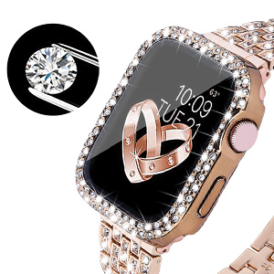 APPLE WATCH Band for Women Screen Protector Diamond Crystal Protective Case with Metal Band for iWatch Series 4/5/6/6 SE Pink 44mm
