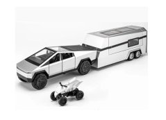 Tes Cybertruck metal model battery-powered toy with caravan and quadricycle light sound 1:32 silver