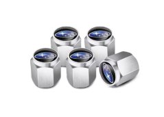 4 pcs SUBARU valve caps, valve covers silver/chrome logo blue