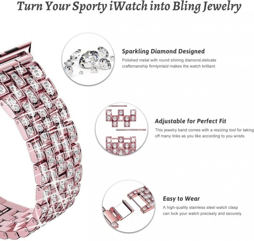 APPLE WATCH Band for Women Screen Protector Diamond Crystal Protective Case with Metal Band for iWatch Series 4/5/6/6 SE Pink 44mm